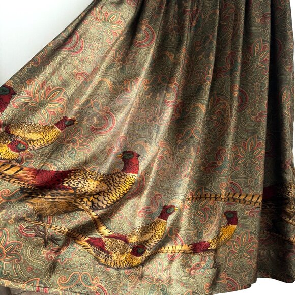 Vintage Ralph Lauren Silk Pheasant Hunting Theme Midi Skirt 8 - Picture 2 of 9